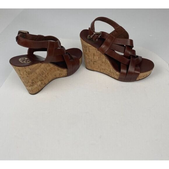 Tory Burch 7 M Ace High Wedge Platform Cork Slingback Heels Shoes Sandals Brown - Picture 12 of 16